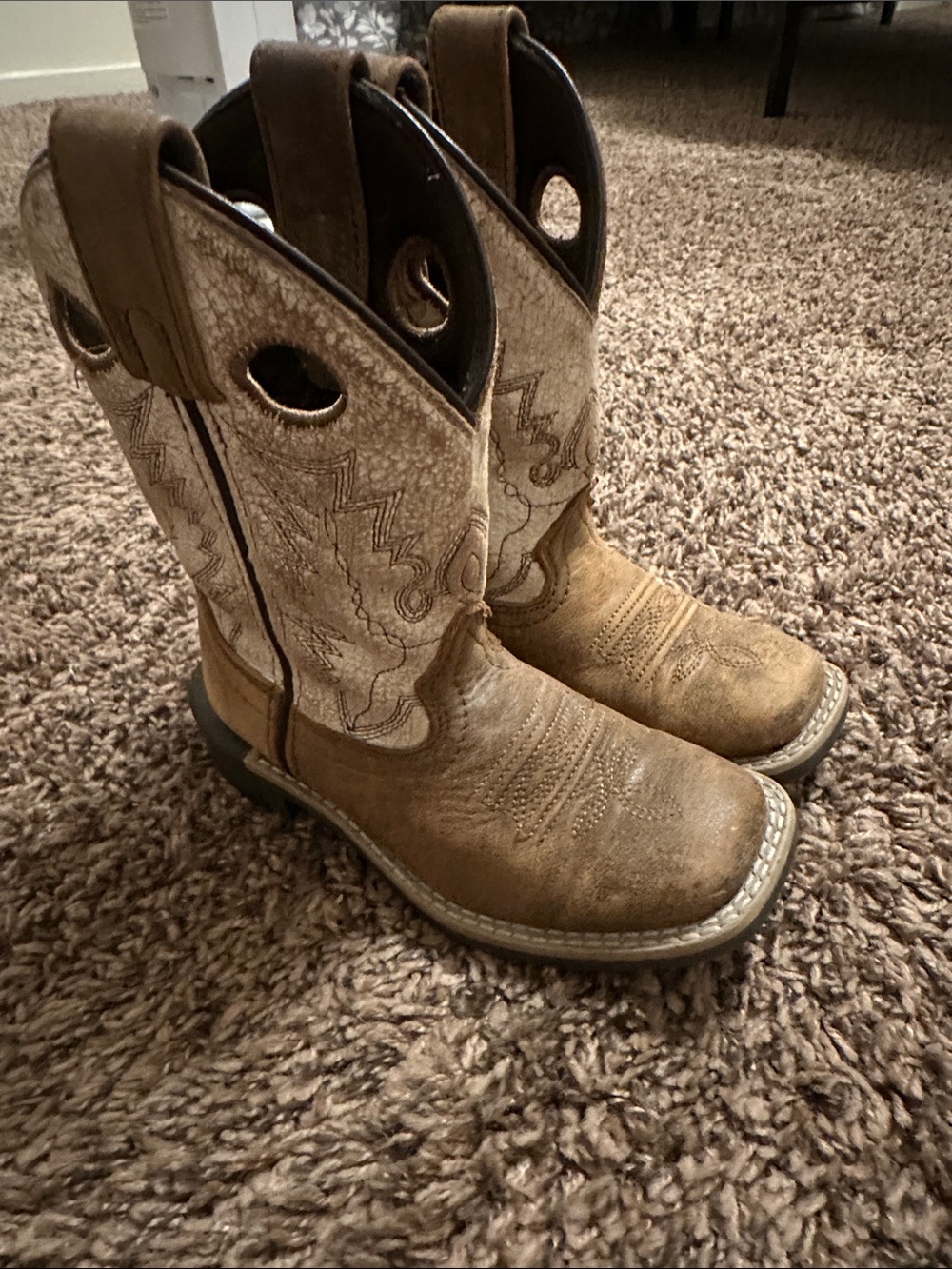 Kids Tan/Brown Western Pull-On Cowboy Boots with Stitch Detail